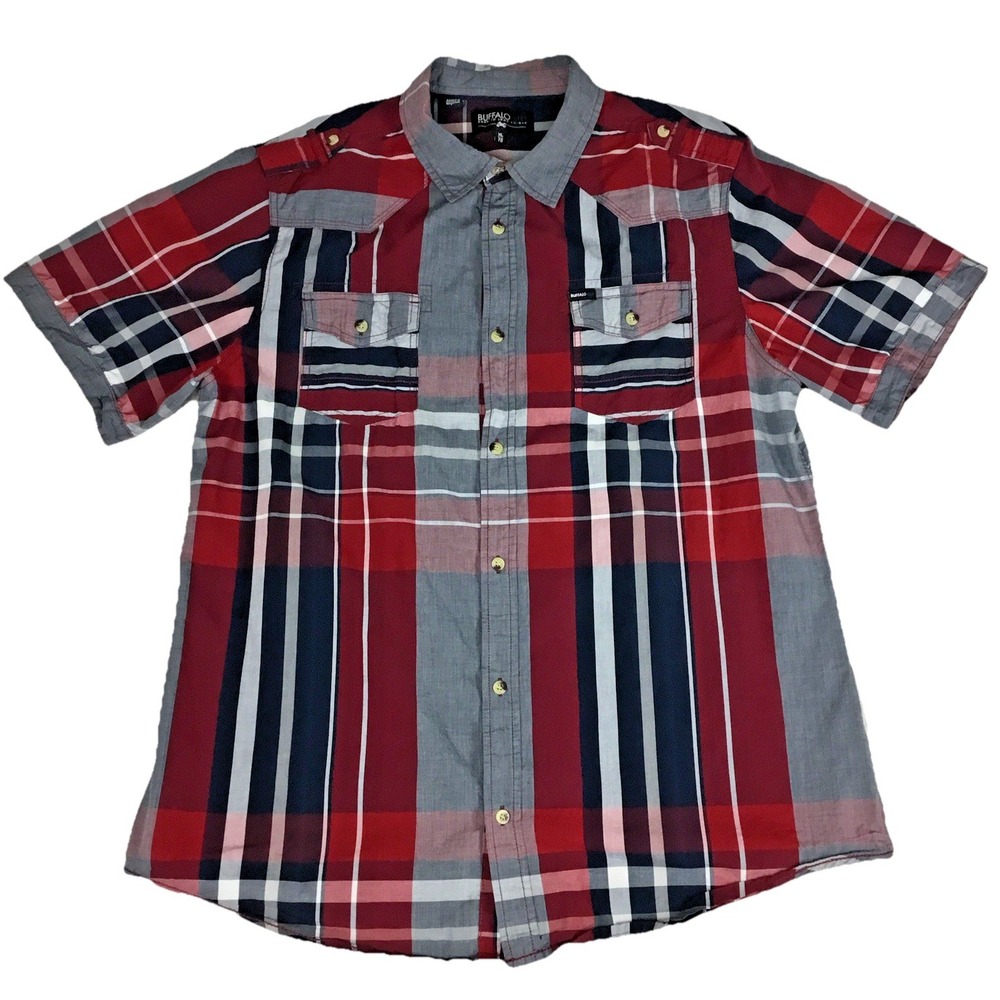 Buffalo Blu Mens XL Short Sleeve Button Up Western Plaid Shirt Red Blue Epaulets